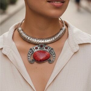 Vintage Silver and Red Stones Choker Necklace